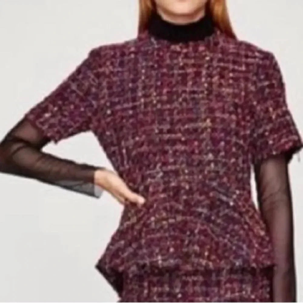 Zara Tweed peplum Top Purple multi Short Sleeved Women’s Size XS Career Business